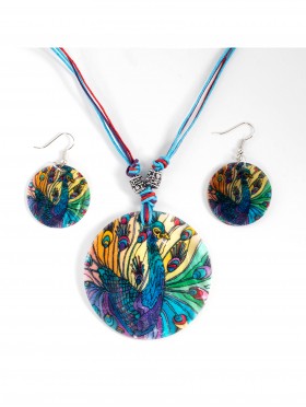 Fashion Peacock Print Shell Necklace and Earrings Set